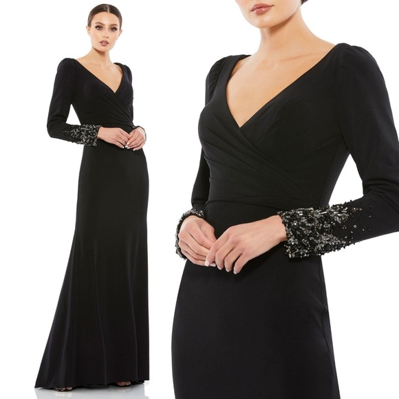 Mac Duggal‎ Black Beaded Cuff Long Sleeve Wrap Over Trumpet Gown - Size 10 - Picture 1 of 13